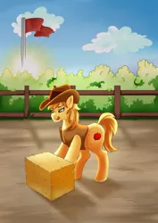 Size: 2480x3508 | Tagged: safe, artist:palettenight, derpibooru import, braeburn, earth pony, pony, g4, apple, bush, clothes, cloud, dawn, digital art, earth, fence, flag, flagpole, food, grass, ground, hat, hay, hay bale, image, jacket, lineart, male, png, pushing, sky, solo, sun, sunglasses, sunshine, tongue out