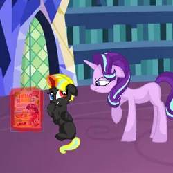 Size: 1000x1000 | Tagged: safe, artist:weker, derpibooru import, starlight glimmer, oc, oc:littlelight, alicorn, pony, unicorn, g4, book, duo, duo female, female, foal, horn, image, jpeg, library, magazine, magic, mare, metacorn, screencap background, smiling, tail, twilight's castle, twilight's castle library, two toned hair, two toned tail, unicorn horn, wings