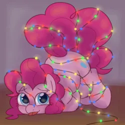Size: 900x900 | Tagged: safe, artist:joobz, derpibooru import, pinkie pie, earth pony, pony, g4, ass up, christmas, christmas lights, cute, diapinkes, face down ass up, female, holiday, image, jpeg, mare, tangled up, tongue out