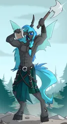 Size: 808x1500 | Tagged: safe, artist:fuf, derpibooru import, oc, oc:kryostasis, unofficial characters only, anthro, changeling, unguligrade anthro, abs, axe, biceps, blue eyes, bracelet, changeling horn, clothes, day, eye scar, facial scar, fangs, forest, front view, horn, image, insect wings, jewelry, jpeg, looking at you, male, mug, muscles, nature, open mouth, outdoors, partial nudity, pecs, scar, skirt, solo, standing, topless, tree, weapon, wings