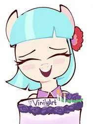 Size: 770x1020 | Tagged: safe, artist:mar0x8, derpibooru import, coco pommel, earth pony, pony, g4, cake, food, image, jpeg, simple background, smiling, solo, white background