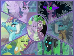 Size: 7894x6000 | Tagged: semi-grimdark, artist:liv-and-b-merry, derpibooru import, princess ember, spike, thorax, twilight sparkle, changeling, dragon, pony, g4, alternate universe, broken mirror, commission, corrupted, image, imprisoned, png, sombra eyes