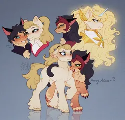 Size: 1440x1374 | Tagged: safe, artist:blitsazalisdash, derpibooru import, ponified, cat, cat pony, earth pony, original species, pony, unicorn, armor, blushing, catra, chest fluff, claws, duo, female, heterochromia, horn, image, jpeg, lesbian, paws, she-ra, she-ra and the princesses of power, shipping, unshorn fetlocks