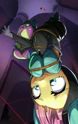 Size: 2582x4096 | Tagged: safe, artist:miscuitsxd, derpibooru import, fluttershy, spike, pegasus, pony, g4, sparkle's seven, canterlot castle, clothes, costume, dangerous mission outfit, duo, female, goggles, hoodie, image, jpeg, laser, male, mare, my little pony, rope, tongue out, upside down