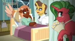 Size: 7129x3957 | Tagged: safe, artist:liv-and-b-merry, derpibooru import, doctor horse, doctor stable, oc, oc:golden flare, pegasus, pony, unicorn, g4, bouquet, female, flower, horn, image, mare, png, x-ray picture