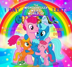 Size: 2048x1923 | Tagged: safe, artist:memeartboi, derpibooru import, ponified, earth pony, pegasus, pony, unicorn, g4, alternate universe, anais watterson, bipedal, brother and sister, brothers, buff, clothes, colorful, colt, comedy, countdown, daisy the donkey, darwin watterson, digital art, emotions, eyelashes, eyes closed, eyes open, family, fanart, fandom, father, father and child, father and mother, female, filly, foal, group, group photo, group shot, gumball watterson, happy, heart, heart cutie mark, horn, hug, image, jpeg, little sister, logo, male, mare, mother, mother and child, multiple characters, muscles, nicole watterson, no eyelashes, open mouth, open smile, parent and foal, parents and child, pegasus wings, pony version, poster, quintet, rainbow, rainbow background, richard watterson, siblings, smiling, socks, spread wings, squee, stallion, standing, tawog, teeth, text, the amazing world of gumball, the wonderfully weird world of gumball, twwwog, unicorn horn, wholesome, wings