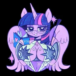 Size: 2048x2048 | Tagged: suggestive, artist:wuyoujm, derpibooru import, twilight sparkle, twilight sparkle (alicorn), alicorn, anthro, g4, arm hooves, black background, book, breasts, cleavage, female, glasses, image, jpeg, looking at you, pin, riding crop, simple background, smiling, smiling at you, solo, watermark