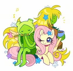Size: 2048x1975 | Tagged: safe, artist:wuyoujm, derpibooru import, fluttershy, pegasus, pony, g4, crossover, drink, female, fern (adventure time), flower, flute, image, jpeg, lying down, mare, mug, music notes, musical instrument, one eye closed, playing instrument, prone, simple background, sitting, smiling, trio, white background