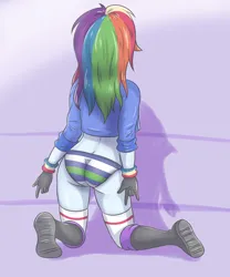 Size: 2500x3000 | Tagged: suggestive, artist:sumin6301, derpibooru import, rainbow dash, human, equestria girls, g4, 2d, ass, boots, butt, clothes, female, gloves, image, jacket, jpeg, kneeling, legwear, multicolored hair, rainbow hair, rainbutt dash, shoes, short sleeves, socks, solo, striped underwear, thigh highs, underwear, wristband