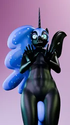 Size: 2160x3840 | Tagged: suggestive, artist:wissle, derpibooru import, nightmare moon, princess luna, alicorn, anthro, g4, 3d, athletic, belly, belly button, blender, breasts, complete nudity, covering, delicious flat chest, female, flatuna, gradient background, helmet, high res, image, jpeg, looking at you, looking down, looking down at you, luna day, nudity, open mouth, raised hand, small breasts, solo, solo female, spread wings, strategically covered, tail, tail covering, wings