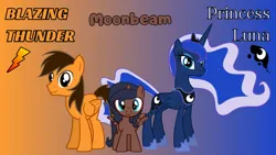 Size: 1280x720 | Tagged: safe, artist:lj, derpibooru import, princess luna, oc, oc:blazing thunder, oc:moonbeam, alicorn, pegasus, pony, g4, alicorn oc, canon x oc, child, crown, cutie mark, daughter, double rainboom puppet, eyelashes, eyes open, family, family photo, father, father and child, father and daughter, female, filly, foal, gradient background, horn, image, jewelry, looking at you, male, mare, mother, mother and child, mother and daughter, name, offspring, parent:oc:blazing thunder, parent:princess luna, png, regalia, ship:thuna, shipping, show accurate, straight, text, trio, trio male and female, wall of tags, wings