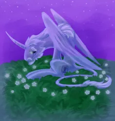 Size: 574x608 | Tagged: safe, artist:acura, derpibooru import, oc, oc:acura, unofficial characters only, alicorn, pony, alicorn oc, beard, black sclera, facial hair, flower, folded wings, glow, glowing eyes, grass, horn, image, large wings, leonine tail, long horn, male, moustache, night, png, sitting, solo, stallion, stars, tail, wings