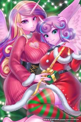 Size: 800x1208 | Tagged: safe, artist:racoonsan, color edit, derpibooru import, edit, editor:drakeyc, princess cadance, princess flurry heart, human, equestria girls, g4, adult flurry heart, beautiful, boob window, breasts, busty princess cadance, busty princess flurry heart, christmas, clothes, colored, costume, cute, cutedance, equestria girls-ified, female, flurrybetes, heart shaped boob window, hearth's warming, holiday, horn, horned humanization, humanized, image, legwear, mother and child, mother and daughter, older, older flurry heart, png, present, santa costume, skin color edit, socks, stockings, striped socks, thigh highs