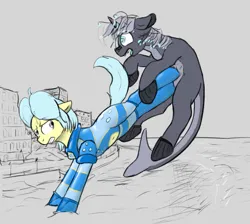 Size: 1521x1363 | Tagged: suggestive, artist:barhandar, oc, oc:orchid, oc:ultramare, unofficial characters only, earth pony, kaiju, kaiju pony, pony, angry, beach, belly button, bioluminescent, bucking, building, colored, colored sketch, duo, female, fight, floppy ears, glowing eyes, glowing insides, image, kicking, latex, latex suit, looking at someone, looking back, macro, mare, navel cutout, pale belly, partial color, png, quadrupedal, ruins, sketch