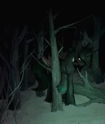 Size: 1752x2067 | Tagged: safe, artist:chrystal_company, derpibooru import, oc, unofficial characters only, alicorn, pony, bush, dark, darkness, flash, forest, forest background, glow, glowing eyes, green light, hiding, horn, image, jpeg, nature, request, scary, sketch, snow, tree, wings