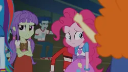 Size: 1920x1080 | Tagged: safe, derpibooru import, screencap, curly winds, golden hazel, heath burns, lyra heartstrings, pinkie pie, rainbow dash, some blue guy, starlight, watermelody, human, equestria girls, g4, angry, booing, bracelet, female, image, jewelry, my little pony equestria girls: rainbow rocks, offscreen character, png, sheepish grin