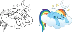 Size: 7000x3093 | Tagged: safe, derpibooru import, official, rainbow dash, pegasus, pony, g4, .ai available, .svg available, black and white, cloud, cloud bed, colored, eyes closed, floppy ears, g4 brand assets, grayscale, image, monochrome, moon, on a cloud, simple background, sleeping, sleeping on a cloud, solo, stars, stock vector, svg, transparent background, vector, wings