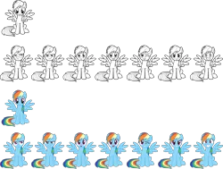 Size: 7000x5281 | Tagged: safe, derpibooru import, official, rainbow dash, pegasus, pony, g4, .ai available, .svg available, :d, :o, black and white, colored, cute, excited, expressions, facial expressions, female, front view, frown, g4 brand assets, grayscale, happy, image, mare, monochrome, one eye closed, open mouth, open smile, raised hoof, simple background, sitting, smiling, smirk, solo, spread wings, stock vector, svg, transparent background, vector, wings, wink