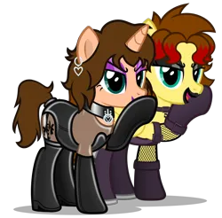 Size: 1280x1259 | Tagged: suggestive, artist:applec1234, ponerpics import, oc, oc:chloe adore, unofficial characters only, pony, clothes, dominant, duo, duo female, female, femdom, image, mare, one-piece swimsuit, png, show accurate, simple background, socks, swimsuit, transparent background, whispering