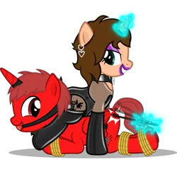 Size: 1280x1258 | Tagged: suggestive, artist:applec1234, ponerpics import, oc, oc:chloe adore, pony, clothes, dominant, dominatrix, female, femdom, gloves, image, latex, latex boots, latex gloves, latex suit, male, mare, png, prone, riding crop, show accurate, simple background, stallion, tied up, transparent background