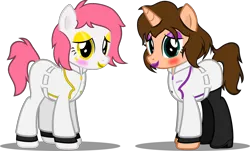 Size: 1280x772 | Tagged: safe, artist:applec1234, ponerpics import, oc, oc:chloe adore, unofficial characters only, pony, blushing, clothes, duo, duo female, female, image, lab coat, mare, png, show accurate, simple background, transparent background