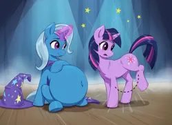 Size: 3500x2534 | Tagged: suggestive, artist:jotun22, trixie, twilight sparkle, pony, unicorn, fanfic:sexier short stories with particularly pregnant ponies, g4, belly, belly button, big belly, blushing, cape, clothes, commission, confused, confusion, curtains, dazed, dotted line, duo, duo female, emanata, exclamation point, female, fetish, frown, hat, high res, hoof on belly, horn, huge belly, image, magic, magic aura, no dialogue, outie belly button, png, pregnacy transfer, pregnancy transfer, pregnant, pregxie, raised leg, shocked, shocked expression, sitting, sitting on floor, smiling, spotlight, stage, stagelights, standing on three hooves, stars, story included, surprised, this will end in tears, trixie's cape, trixie's hat, unicorn twilight, wall of tags