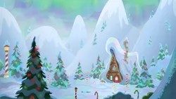 Size: 7000x3960 | Tagged: safe, derpibooru import, official, alice the reindeer, aurora the reindeer, bori the reindeer, g4, .ai available, .svg available, aurora borealis, background, candy, candy cane, christmas, christmas lights, christmas tree, cottage, day, food, g4 brand assets, grove of the gift givers, hearth's warming, hearth's warming tree, holiday, house, image, lights, mountain, mountain range, my little pony, my little pony best gift ever, no pony, north pole, outdoors, pine tree, snow, snowfall, streetlight, svg, the gift givers, tree, vector, winter