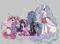 Size: 2048x1499 | Tagged: safe, artist:lilytheflowerl, derpibooru import, princess cadance, princess celestia, princess luna, twilight sparkle, twilight sparkle (alicorn), alicorn, pony, g4, alicorn tetrarchy, alternate hairstyle, backwards cutie mark, beret, braid, christmas, cloak, clothes, ear piercing, earring, eye clipping through hair, feathered wings, female, folded wings, gray background, group, hat, holiday, holly, horn, image, jewelry, jingle bells, jpeg, long horn, looking at each other, looking at someone, mare, partially open wings, piercing, quartet, raised hoof, reflection, ringlets, s1 luna, santa hat, scarf, siblings, simple background, sisters, sisters-in-law, sitting, socks, sparkles, standing, striped socks, sweater, turned head, turtleneck, wall of tags, wings
