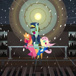 Size: 2160x2160 | Tagged: safe, anonymous artist, derpibooru import, big mcintosh, fluttershy, ponified, earth pony, pegasus, pony, series:fm holidays, series:hearth's warming advent calendar 2025, g4, advent calendar, alternate hairstyle, bathrobe, christmas, clothes, colt, colt big mcintosh, conductor, female, filly, filly fluttershy, fluttermac, foal, high res, holiday, image, lens flare, lineless, looking at you, male, open mouth, outdoors, pajamas, png, pointy ponies, robe, screaming, shipping, short mane, snow, snowfall, speed lines, stallion, straight, the polar express, train, trio, wind, windswept mane, younger