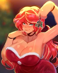 Size: 1777x2249 | Tagged: suggestive, artist:derpireun, derpibooru import, sunset shimmer, human, equestria girls, g4, armpits, blurry background, breasts, christmas, eye clipping through hair, eyebrows, eyebrows visible through hair, female, holiday, holly, holly mistaken for mistletoe, image, looking at you, narrowed eyes, png, smiling, smiling at you, solo
