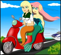 Size: 3500x3191 | Tagged: safe, artist:physicrodrigo, derpibooru import, part of a set, applejack, fluttershy, mermaid, series:equestria mermaids, equestria girls, g4, bottomless, breasts, busty applejack, busty fluttershy, car, chase, cleavage, clothes, dress, driving, duo, duo female, earfins, female, flying fish mermaid, gills, hatless, high res, image, loose hair, mermaidized, mershy, missing accessory, moped, part of a series, partial nudity, png, police car, species swap, speed lines, star wars, starfighter, story included, tie fighter, vehicle, worried