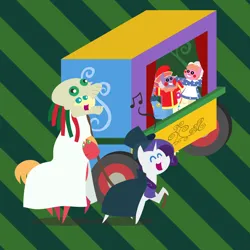 Size: 2160x2160 | Tagged: safe, anonymous artist, derpibooru import, big mcintosh, fluttershy, rarity, toe-tapper, torch song, earth pony, pegasus, pony, unicorn, series:fm holidays, series:hearth's warming advent calendar 2025, g4, advent calendar, alternate hairstyle, cape, christmas, clothes, costume, eyes closed, female, fluttermac, fluttershy riding big mcintosh, hand puppet, hat, high res, holiday, horn, horse skull, image, lineless, male, mare, mari lwyd, music notes, open mouth, open smile, png, pointy ponies, ponies riding ponies, ponytones, punch and judy, puppet, puppet theater, riding, riding a pony, sheet, shipping, short mane, skull, smiling, stallion, straight, top hat
