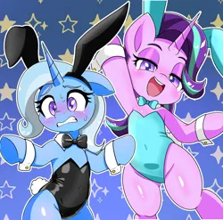 Size: 2554x2524 | Tagged: safe, artist:zeon_kanayu, derpibooru import, starlight glimmer, trixie, pony, unicorn, g4, abstract background, bipedal, blushing, bowtie, bunny ears, bunny suit, clothes, duo, female, horn, image, jpeg, mare, playboy bunny, smiling, sweat