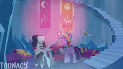 Size: 7000x3938 | Tagged: safe, artist:toonacy, derpibooru import, official, part of a set, applejack, cozy glow, fluttershy, lord tirek, pinkie pie, princess celestia, princess luna, rainbow dash, rarity, sunset shimmer, twilight sparkle, zipp storm, alicorn, centaur, pegasus, pony, taur, series:future twilight, g4, g5, my little pony: tell your tale, the beginning of the end, band logo, beanie, bomber jacket, book, box, cardboard box, clothes, clothes swap, craft, crystal, crystal castle, crystal empire, cute, derpibooru exclusive, desk, diving, duo, duo focus, fake screencap, female, g4 to g5, gasp, generation leap, glow, glowing horn, hat, headcanon, headcanon zipp storm, horn, i can't believe it's not hasbro studios, image, indoors, jacket, lamp, lesbian, light, light spell, logo, looking at someone, looking offscreen, magic, magic aura, mare, moon, my little pony, nonbinary, nonbinary zipp storm, offscreen character, part of a series, pillow, png, pointy ponies, rock, royal sisters, scarf, sculpture, ship:twizipp, shipping, show accurate, siblings, sisters, sitting on shoulders, slender, spiral stairs, spread wings, squint, stack, stack of books, staircase, stairs, statue, sticker, sun, tapestry, the rainbooms, thin, ushanka, vector, watermark, wings, winter hat, winter outfit