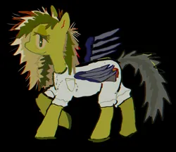 Size: 2887x2500 | Tagged: safe, artist:vemrill, derpibooru import, oc, oc:wooden toaster, unofficial characters only, pegasus, pony, amputee, artificial wings, augmented, black background, clothes, female, genderfluid, gray tail, headcanon, image, mare, png, prosthetic limb, prosthetic wing, prosthetics, simple background, solo, uniform, wings