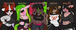 Size: 8000x3160 | Tagged: safe, artist:sexygoatgod, derpibooru import, oc, oc:cold front, oc:punkie rockfall, oc:sticky web, oc:sweet spot, oc:temper strike, unofficial characters only, anthro, earth pony, pegasus, unicorn, adoptable, boob window, clothes, emo, female, goth, horn, image, jeans, makeup, pants, png, ripped jeans, ripped pants, scene, short shirt, torn clothes