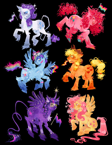 Size: 1582x2048 | Tagged: safe, artist:yelloart, derpibooru import, applejack, fluttershy, pinkie pie, rainbow dash, rarity, twilight sparkle, twilight sparkle (alicorn), alicorn, earth pony, pegasus, pony, unicorn, g4, asexual pride flag, bandaid, bisexual pride flag, black background, bracelet, chest fluff, curved horn, female, floating heart, gay pride flag, glasses, goggles, goggles on head, heart, horn, horn ring, image, jewelry, jpeg, leonine tail, lesbian pride flag, mane six, mare, pansexual pride flag, pride, pride flag, ring, simple background, sticker, sticker set, tail, tail ring, transgender pride flag, unshorn fetlocks