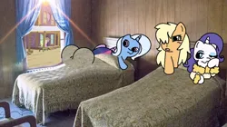 Size: 2484x1396 | Tagged: safe, artist:tamers12345, derpibooru import, applejack, rarity, trixie, twilight sparkle, earth pony, pony, unicorn, g4, applejack and rarity leave ponyville, bed, bedroom, butt, female, horn, hotel room, image, lesbian, png, rarijack, shipping, twixie