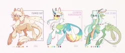 Size: 4980x2136 | Tagged: safe, artist:kanika-png, derpibooru import, oc, unofficial characters only, bat pony, dracony, dragon, hybrid, pony, unicorn, adoptable, chest fluff, claws, concave belly, curved horn, ear piercing, earring, fetlock tuft, flower, flower in hair, horn, image, jewelry, leonine tail, necklace, piercing, png, reference sheet, slender, spread wings, tail, thin, trio, wings