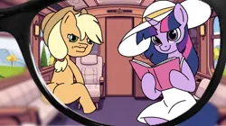 Size: 2488x1398 | Tagged: safe, artist:tamers12345, derpibooru import, applejack, twilight sparkle, earth pony, pony, unicorn, g4, applejack and rarity leave ponyville, book, butt, clothes, dress, glasses, hat, horn, image, png, sun hat, sundress