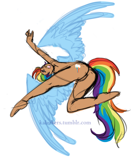 Size: 900x1034 | Tagged: source needed, suggestive, artist:kabukers, derpibooru import, rainbow dash, human, g4, ass, barbie doll anatomy, barefoot, butt, feet, female, humanized, image, nudity, png, simple background, solo, solo female, spread wings, url, white background, winged humanization, wings