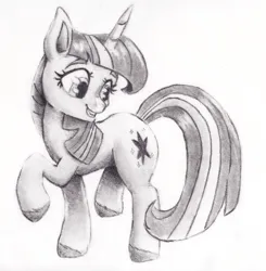 Size: 1000x1019 | Tagged: safe, artist:nedemai, derpibooru import, twilight sparkle, pony, unicorn, g4, cute, female, grayscale, grin, image, mare, monochrome, pencil drawing, png, simple background, smiling, solo, standing on two hooves, traditional art, turned head, twiabetes, unicorn twilight, white background