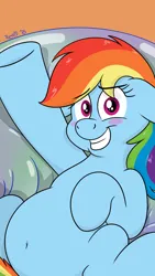 Size: 2160x3840 | Tagged: safe, artist:rupert, derpibooru import, rainbow dash, pegasus, pony, g4, belly, belly button, blushing, bubble, cute, dashabetes, fat, featureless crotch, female, human shoulders, image, lying down, mare, on back, png, rainbow dash day, round belly, smiling, solo, spread legs, spreading, squishy