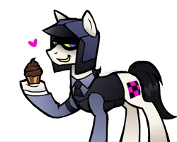 Size: 875x702 | Tagged: safe, artist:zeffdakilla, derpibooru import, ponified, earth pony, pony, benrey, cupcake, food, hlvrai, image, implied death, male, png, simple background, smiling, smug, solo, standing, white background