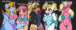 Size: 8000x3160 | Tagged: suggestive, artist:sexygoatgod, derpibooru import, oc, oc:lazy lagoon, oc:mango mojito, oc:swealtering heat, oc:tropic candy, oc:wet whistle, unofficial characters only, bat pony, earth pony, pegasus, unicorn, adoptable, antho, arm behind back, belly, belly button, big breasts, bikini, blowing bubblegum, breasts, bubblegum, cameltoe, cleavage, clothes, eyes closed, female, floppy ears, food, gum, hand in pocket, horn, image, lidded eyes, looking at you, name, one eye closed, one-piece swimsuit, open mouth, open smile, png, smiling, swimsuit, wink, winking at you