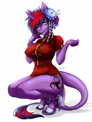 Size: 1500x2000 | Tagged: suggestive, artist:serodart, derpibooru import, oc, oc:lina phantom, anthro, unicorn, accessory, ada wong, clothes, commission, cosplay, costume, cutie mark, dress, feet, flower, hair accessory, horn, image, leonine tail, looking at you, png, resident evil, resident evil 6, simple background, tail