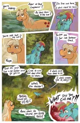 Size: 646x1000 | Tagged: safe, artist:seventozen, derpibooru import, applejack, rainbow dash, earth pony, pegasus, pony, comic:the problem of parthus, g4, comic, image, jpeg, mud, muddy, multicolored hair, speech bubble, stink lines, sweat, swimming, water