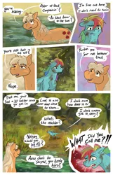 Size: 2003x3101 | Tagged: safe, artist:seventozen, derpibooru import, applejack, rainbow dash, earth pony, pegasus, pony, comic:the problem of parthus, g4, comic, image, jpeg, mud, muddy, multicolored hair, speech bubble, stink lines, sweat, swimming, water