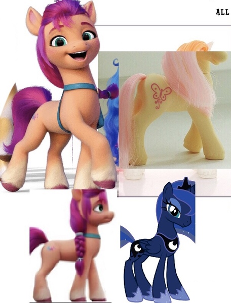 Size: 602x792 | Tagged: safe, derpibooru import, izzy moonbow, princess luna, sunny starscout, alicorn, butterfly, earth pony, insect, pony, g4, g5, coat markings, comparison, concave belly, female, image, jpeg, long mane, mare, open mouth, open smile, slender, smiling, socks (coat marking), sunny's bag, thin, unshorn fetlocks