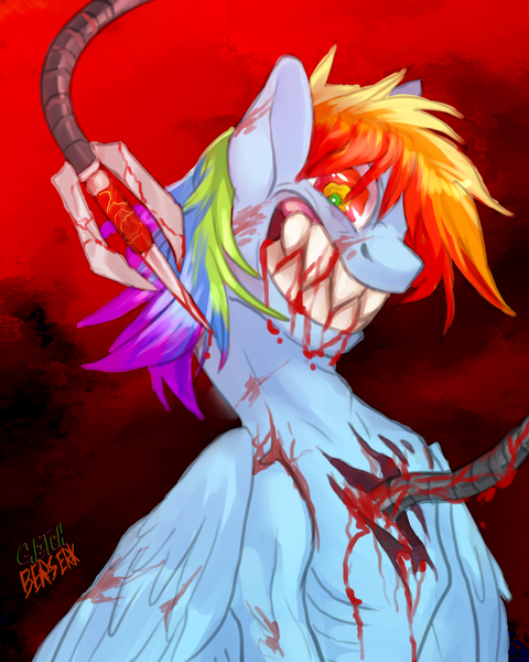 Size: 800x1000 | Tagged: grimdark, artist:theglitchberserk, derpibooru import, rainbow dash, pegasus, pony, fanfic:rainbow factory, g4, blood, fanfic art, female, image, mare, png, robotic arm, sharp teeth, solo, teeth